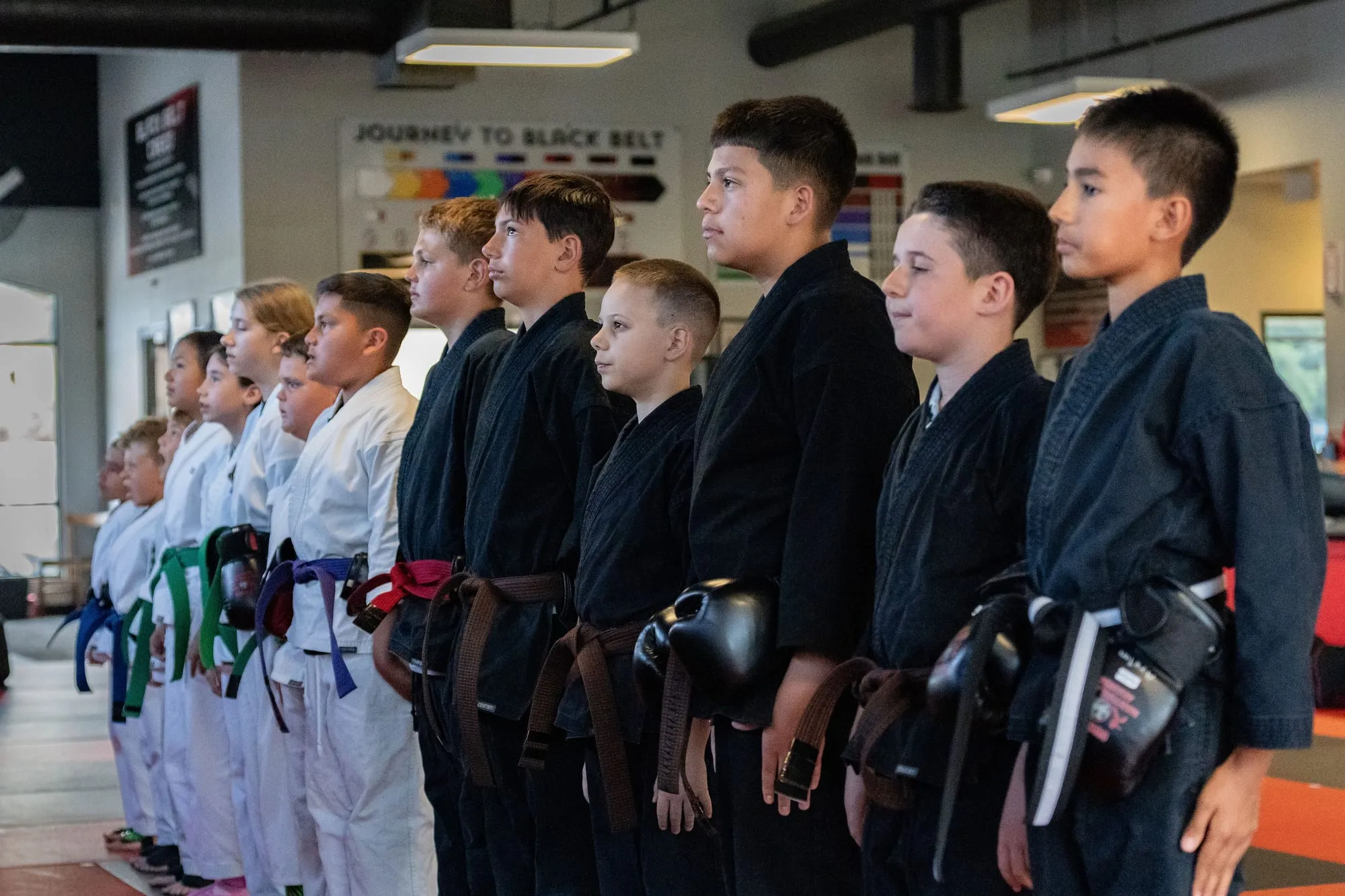 Juniors MMA students lined up at attention in white gis at Guido's Martial Arts Academy in Clovis, CA